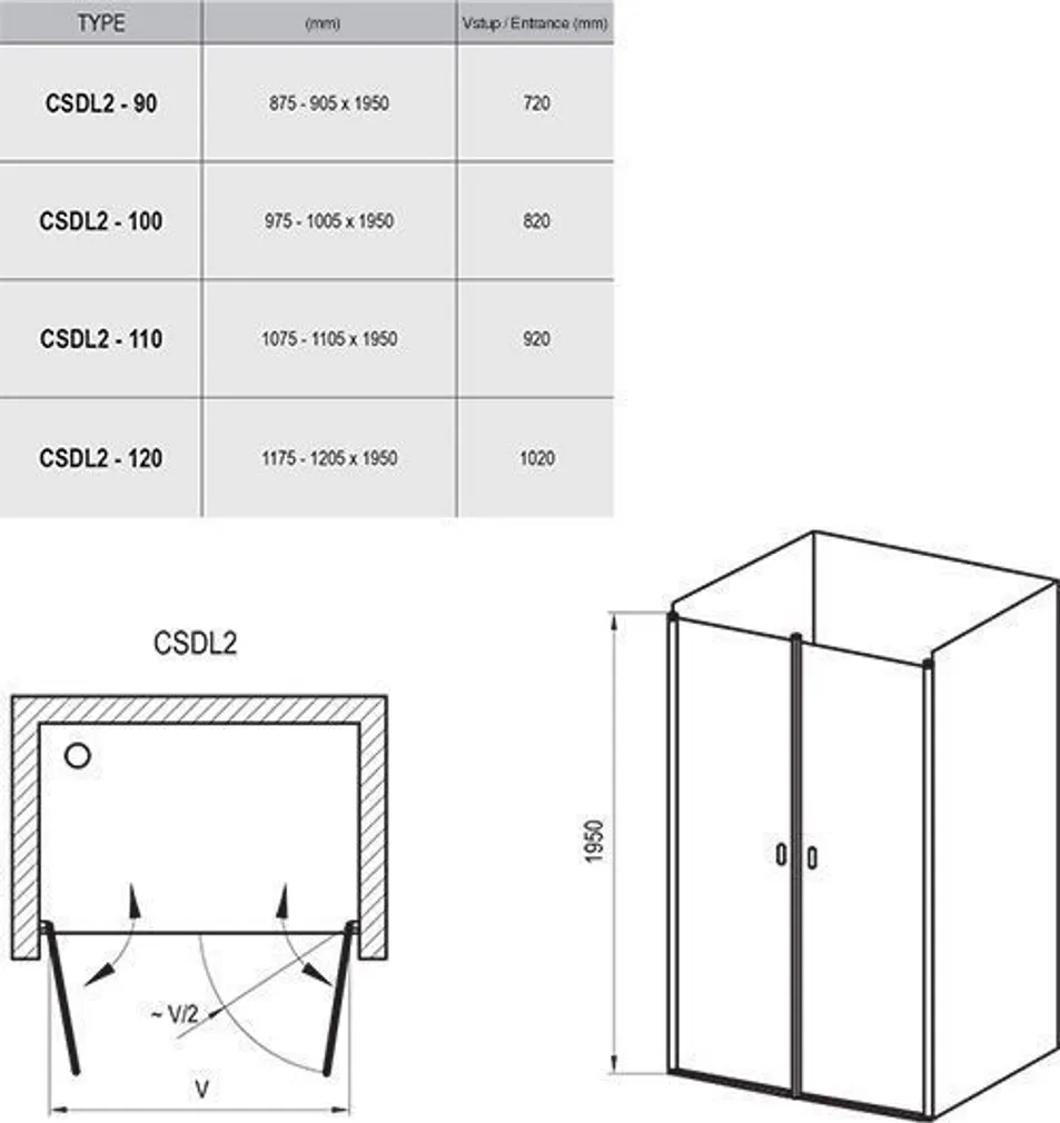 DUŠIUKS RAVAK CSDL2-100, 100X195CM