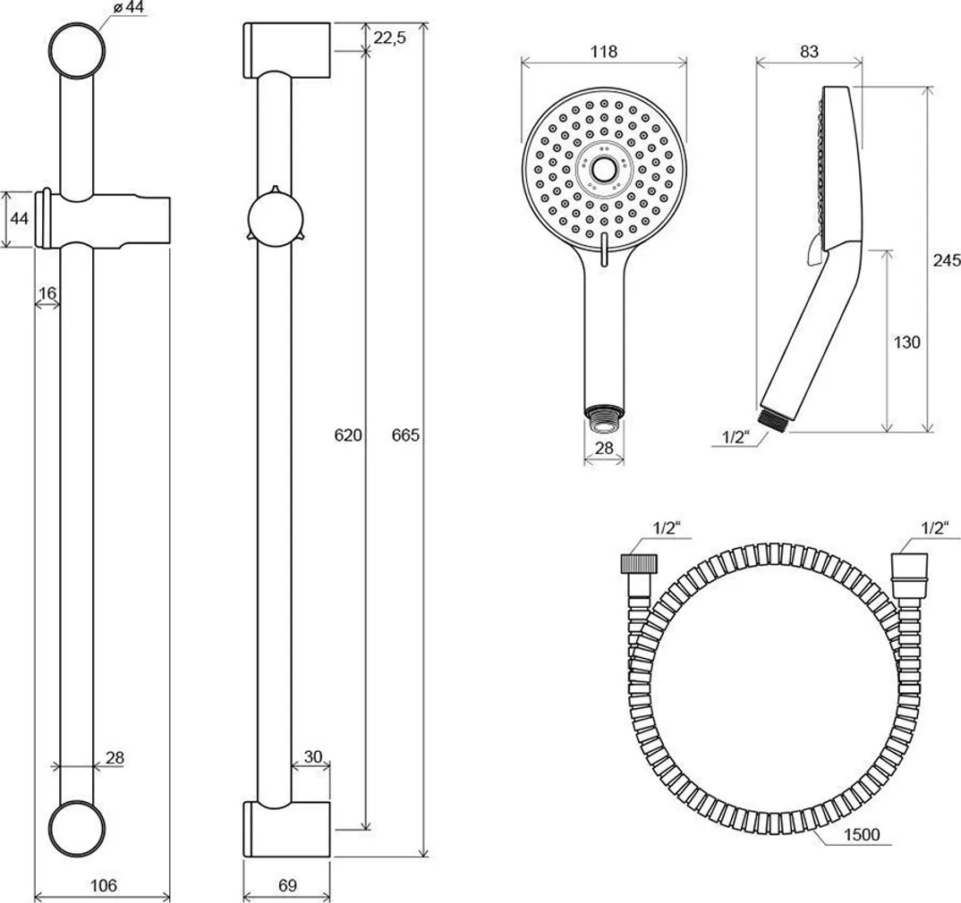 DUŠIKOMPLEKT RAVAK KÄSIDUŠŠ FLAT M, DUŠILIFT 66,5CM, VOOLIK