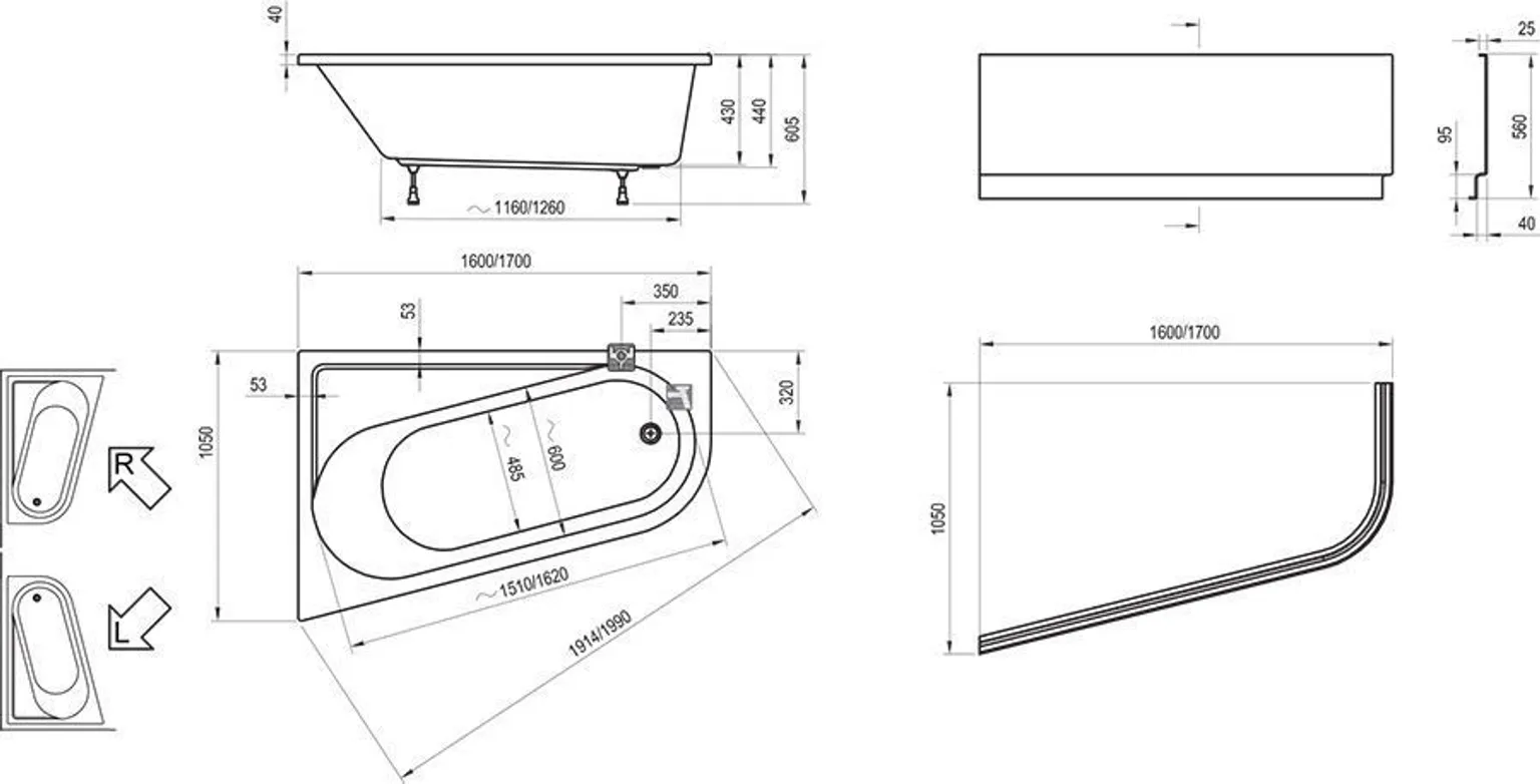 NURGAVANN RAVAK CHROME ASÜMMEETRILINE 170X105CM PAREM