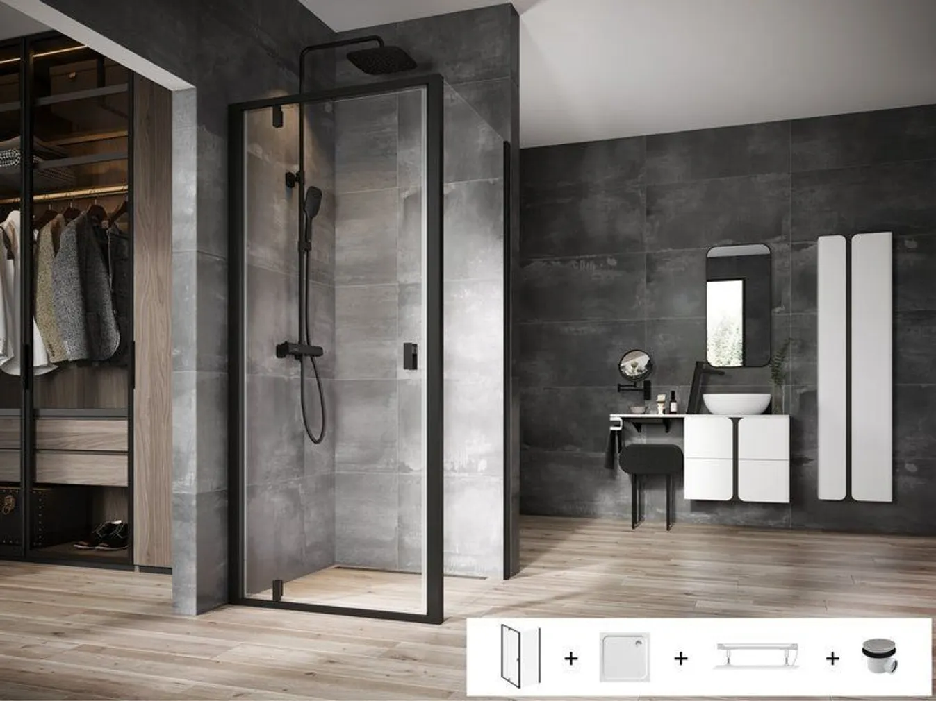 DUŠIKOMPLEKT RAVAK 90X190CM 5IN1 NDOP1 + NPSS, SET1 MUST