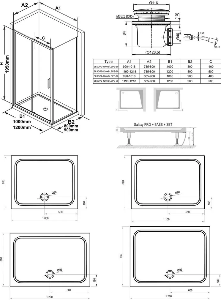 DUŠIKOMPLEKT RAVAK 100X80 5IN1 BLSDP2 + BLSPS SET12R ALUMIINIUM