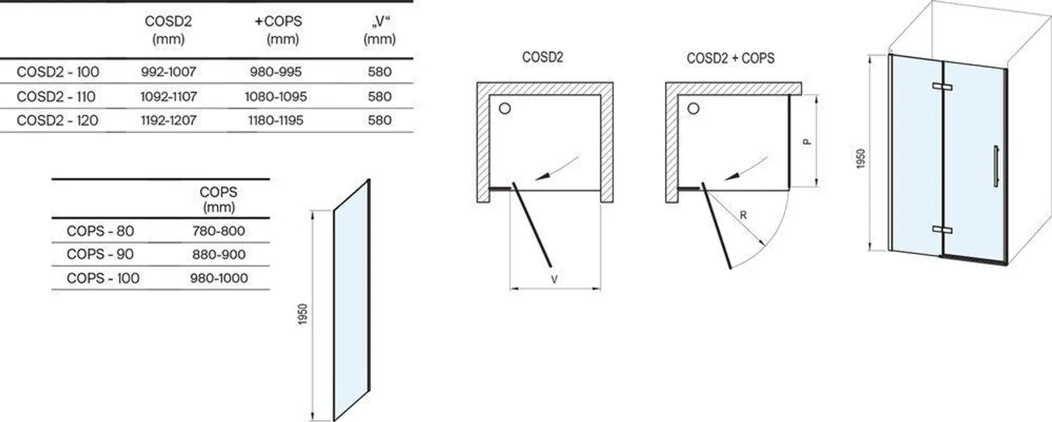 DUŠIKOMPLEKT RAVAK 100X195CM 5IN1 COSD2+COPS, SET13 KROOM