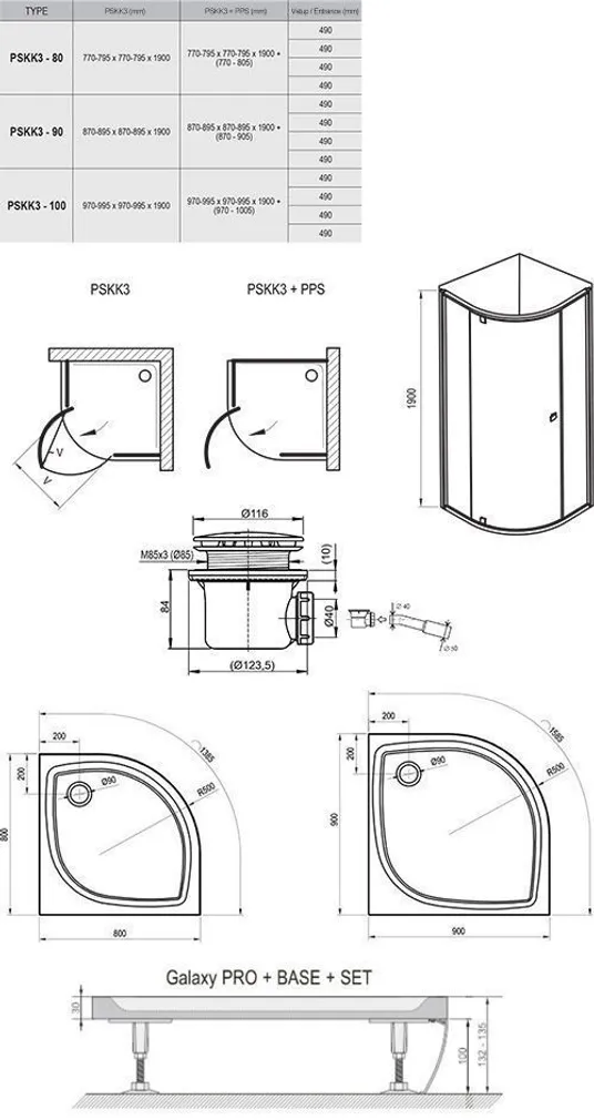 DUŠIKOMPLEKT RAVAK 90X190CM 5IN1 PSKK3, SET18 SATIIN