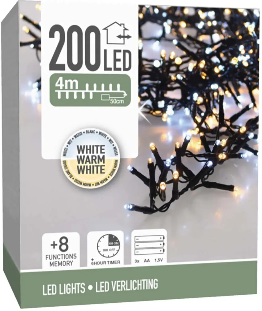 JÕULUVALGUSTUS 200LED 4M IP44 3XAA SOE/KÜLM VALGUS