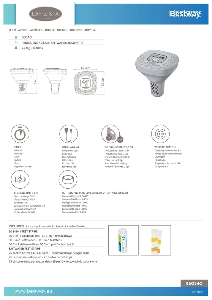 SOOLAVEE KLOORI DOSAATOR BASSEINILE LAY-Z-SPA 0,5 G/H
