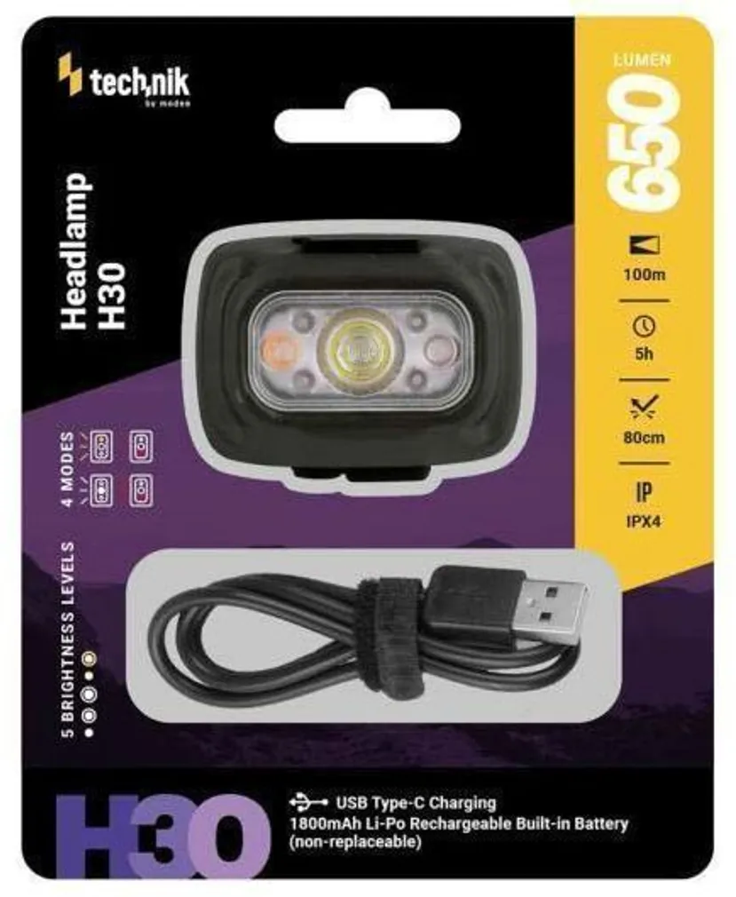 PEALAMP TECHNIK LED H30 650LM IPX4 USB-C PUNA/VALGE VALGUS