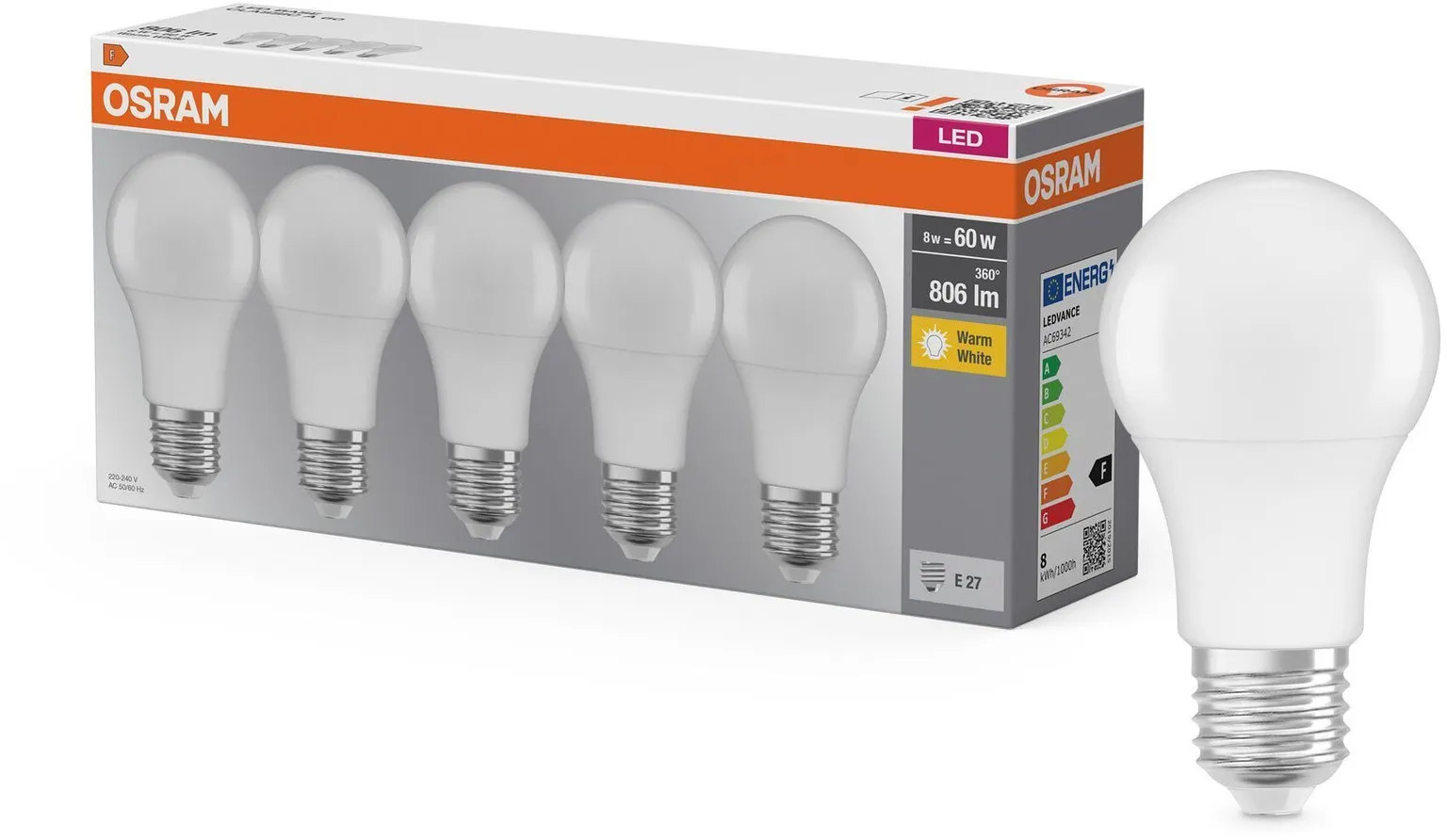 LED LAMP OSRAM BASE CLASSIC 8W E27, 5TK PAKIS