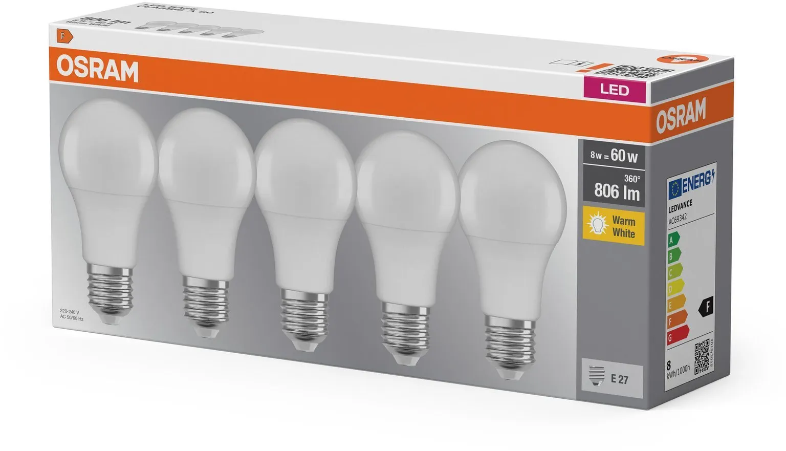 LED LAMP OSRAM BASE CLASSIC 8W E27, 5TK PAKIS