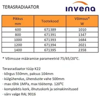 TERASRADIAATOR INVENA K22 KÜLGÜHENDUSEGA 800X550X104MM 1347W