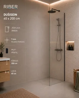 DUŠISEIN AQUALINE 7MMX40X200CM JÄÄKLAAS MUST PROFIIL