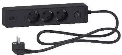 PIKENDUSJUHE SCHNEIDER ELECTRIC 1,5M 3 PESA + 2XUSB 2,4A LÜLITI MUST