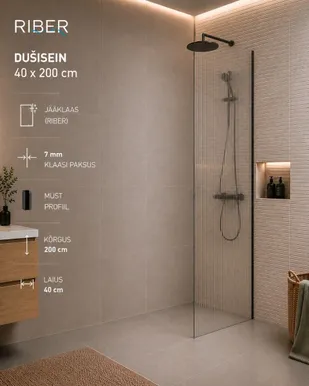 DUŠISEIN AQUALINE 7MMX40X200CM JÄÄKLAAS MUST PROFIIL