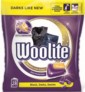 PESUVAHEND WOOLITE GEELKAPSLID DUAL DARK 28TK