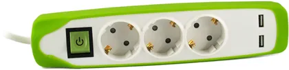 PIKENDUSJUHE ELECTRALINE 3P 3G1,0MM² 2M LK LÜLITI 2USB VALGE/ROHELINE